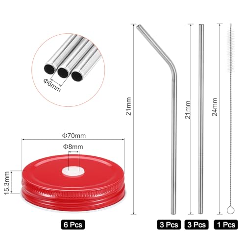 uxcell 13pcs Stainless Steel Mason Jar Lids with Straw Hole, 70mm Metal Canning Lid Mason Storage Covers Caps with Silicone Ring/Straws/Cleaning Brush Red - color: Red