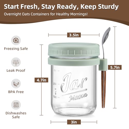 LANDNEOO 4 Pack Overnight Oats Containers with Lids and Spoons, 16 oz Glass Mason Jars with Airtight Lids, Overnight Oats Jars for Milk, Cereal, Fruit-Green - color: Green