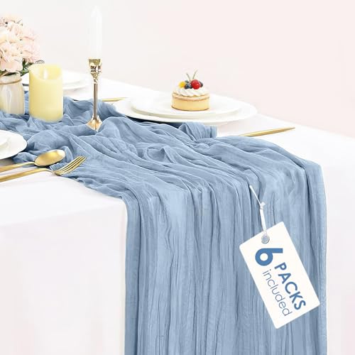 6 Packs Dusty Blue Cheesecloth Table Runner 35x120 Inch, 10FT Semi Sheer Boho Gauze Cheese Cloth Fabric Table Runners for Wedding Bridal Shower Holiday Party Table Decor - color: Dusty Blue, size: 10ft x 6pcs