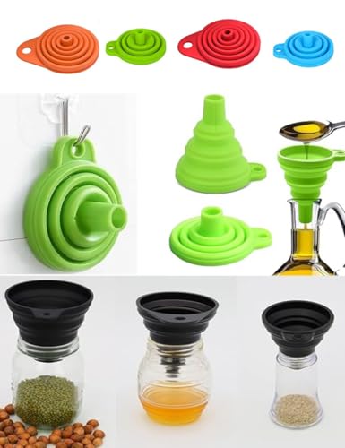 Collapsible Silicone Kitchen Funnels, 4 Pack Food Grade Foldable Funnel Set, 2 Small & 2 Large Funnels for Kitchen Use Filling Bottles, Canning, Cooking, and Water Powder Transfer