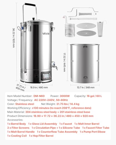 VEVOR Beer Brewing Equipment, 16 Gal/60L Beer Maker with Anti-Burn Pump and Wort Chiller,3000W All-in-One Home Brewing Kit with Digital Control, Recipe Memory & Timer, Removable mesh strainer - size: 16 Gal