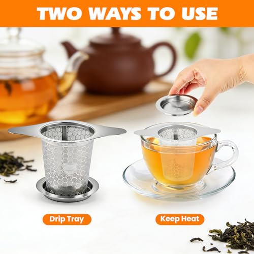 2Pcs Loose Leaf Tea Infuser with 1 Tong, Stainless Steel Loose Leaf Tea Stepper with Lid and Double Handles, Tea-Strainer for Cups, Teapot, Fine Mesh(COLOR:Silver)
