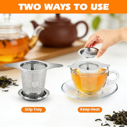 2Pcs Loose Leaf Tea Infuser with 1 Tong, Stainless Steel Loose Leaf Tea Stepper with Lid and Double Handles, Tea-Strainer for Cups, Teapot, Fine Mesh(COLOR:Silver)