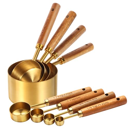Gold Measuring Cups and Spoons Set,8 Piece Premium Stainless Steel Measuring Cups with Wood Handles,4 Stackable Wooden Measuring Cups and 4 Measuring Spoons Set for Baking Supplies in the Kitchen - color: Gold-8Piece
