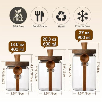 ANSQU Glass Jars with Wooden Lids and Spoons (13.5oz/20.3oz/27oz), Set of 3 Glass Food Storage Containers Coffee Jar Coffee Grounds Container, Glass Food Storage Canisters - size: 13.5oz/20.3oz/27oz-3pack (φ3.54")