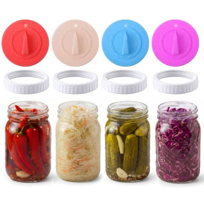 4PCS Mason Jar Fermentation Lids with 4PCS Plastic Mason Jar Rings | 4 colors, 1–31 date dial with a rotatable arrow handle, Air release, Value combo