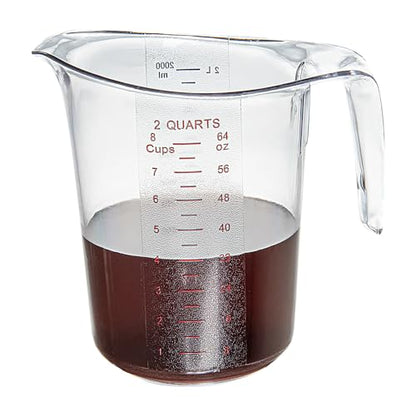 Restaurantware RW Base 2 Quart Measuring Jar 1 Durable Measuring Beaker - Metric And Imperial Units V-Shaped Spout Clear Plastic Measuring Cup Handle With Thumb-Grip Tolerates Up To 248F - color: Clear, size: 7.75" × 6.00" × 7.50"