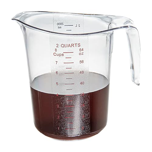 Restaurantware RW Base 2 Quart Measuring Jar 1 Durable Measuring Beaker - Metric And Imperial Units V-Shaped Spout Clear Plastic Measuring Cup Handle With Thumb-Grip Tolerates Up To 248F - color: Clear, size: 7.75" × 6.00" × 7.50"