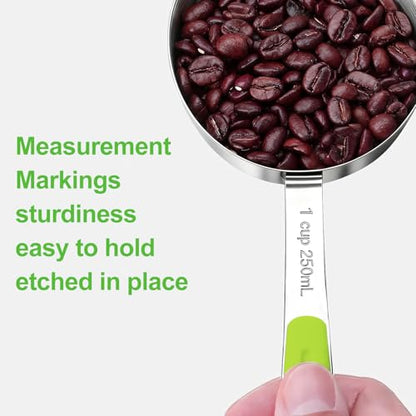 Bopei Measuring Cups and Spoons Set Stainless Steel 10 Piece for Cooking and Baking (5 Cups + 5 Spoons, Green Handle) - color: Green