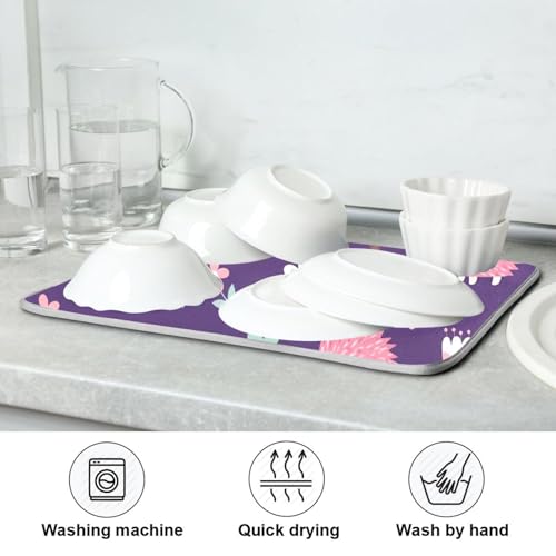 Hedgehog Flower Trees Purple Dish Drying Mat for Kitchen Counter Super Absorbent Draining Mat with Non-slip Backed Dish Rack Pad for Sinks Countertops Draining Racks Dish Bottles Cups Bowl