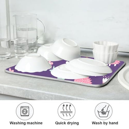 Hedgehog Flower Trees Purple Dish Drying Mat for Kitchen Counter Super Absorbent Draining Mat with Non-slip Backed Dish Rack Pad for Sinks Countertops Draining Racks Dish Bottles Cups Bowl
