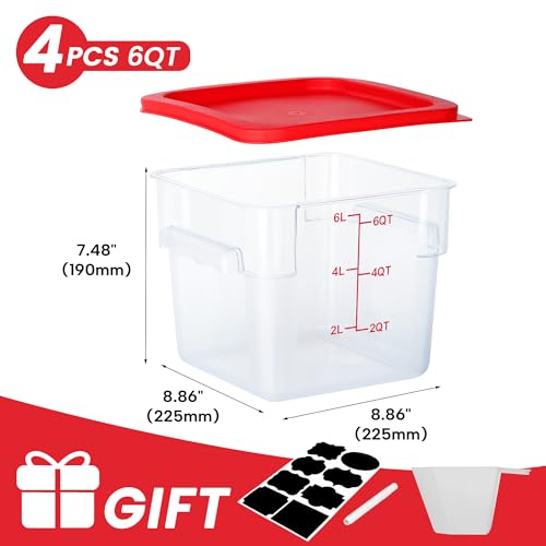 BIEAMA 4 Pack Food Storage Containers, 6 Quart with Lids, Square Commercial Containers with Scale, NSF, Polycarbonate, Clear - color: 6Qt-4 Pack(Red Lids)