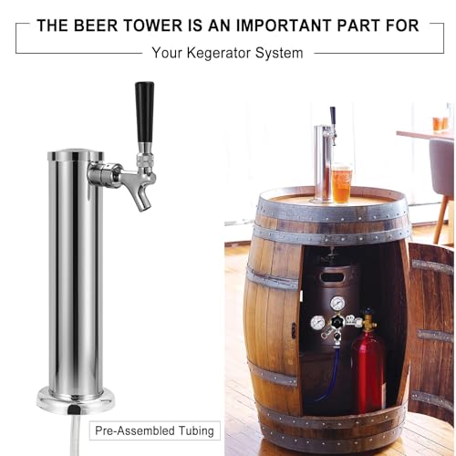 Single Tap Beer Tower Dispenser, Stainless Core Beer Faucet Polished Stainless 3'' Flange Single Tap Draft Beer Tower Kegerator Tower Kit with Pre-Assembled Tubing and Self-Closing Spring - size: Single Tap