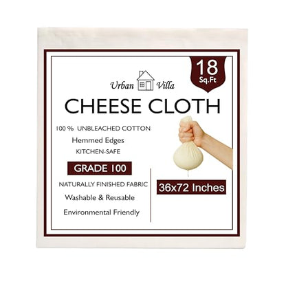 Urban Villa Grade 100 XL Cotton Cheese Cloth 72x36 Inch, Reusable with Finished Edges 100% Unbleached Cotton Cheese Cloth Fine Mesh Butter Muslin Cloth for Straining, Cheese Making, Cooking & Baking - color: Natural Beige, size: 72 x 36 inches / 1 piece