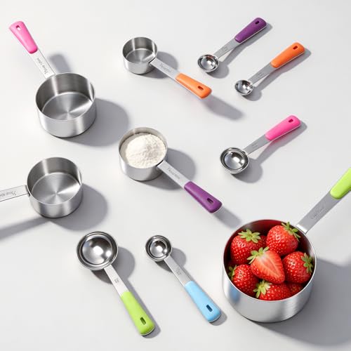 Bopei Measuring Cups and Spoons Set Stainless Steel 10 Piece for Cooking and Baking (5 Cups + 5 Spoons, Colorful Handles) - color: Colorful