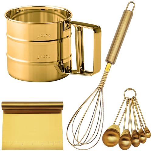 Gold Flour Sifter Baking Tool Set, findTop Stainless Steel 4-Piece Kit with 10" Whisk, Dough Scraper & 5 Measuring Spoons, Mirror Polished, Easy to Clean, for Cake Bread Cookie Prep