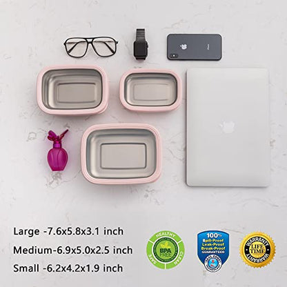 Lille Home Leak Proof Stainless Steel Lunch Snack Containers Set - Ideal for Educational Settings and Daycare - Nesting Trio with Silicone Lids - 47oz+30oz+16oz - Dark Pink - color: Dark Pink