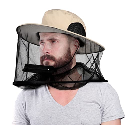 Mosquito Head Net Hat, Sun Hat with Netting, Bee Keeper Hat, Safari Fishing Hats for Outdoor Hiking, Camping, Gardening - color: Khaki