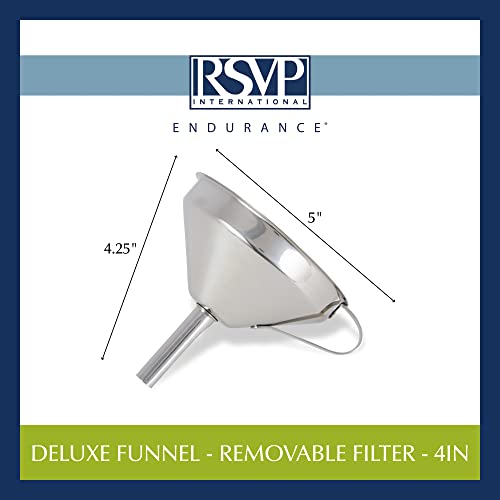 RSVP International Endurance Kitchen & Canning Large 18/8 Stainless Steel Funnel with Removable Straining Filter, Designed for Narrow or Wide Mouth Jars & Bottles, Dishwasher Safe, 5" Diameter