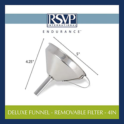 RSVP International Endurance Kitchen & Canning Large 18/8 Stainless Steel Funnel with Removable Straining Filter, Designed for Narrow or Wide Mouth Jars & Bottles, Dishwasher Safe, 5" Diameter