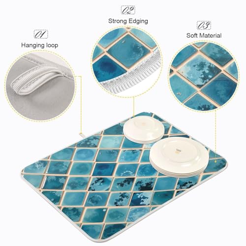 Shiny Turquoise Marble Dish Drying Mats for Kitchen 18x24 inch Drying Pad Dish Drainer Rack Mat Counter Mat Dish Draining Mat - color: Blue, size: 18x24in