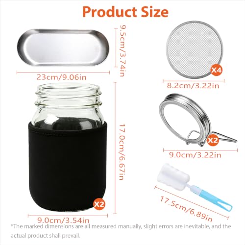 Sprouting Jars Kit, 2 Wide Mouth Mason Jars with 316 Stainless Steel Lids | Complete Kit with 4 Mesh Screens, 2 Light-Blocking Sleeves, Drip Tray and Cleaning Sponge for Fresh Sprouts & Microgreens