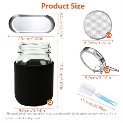 Sprouting Jars Kit, 2 Wide Mouth Mason Jars with 316 Stainless Steel Lids | Complete Kit with 4 Mesh Screens, 2 Light-Blocking Sleeves, Drip Tray and Cleaning Sponge for Fresh Sprouts & Microgreens