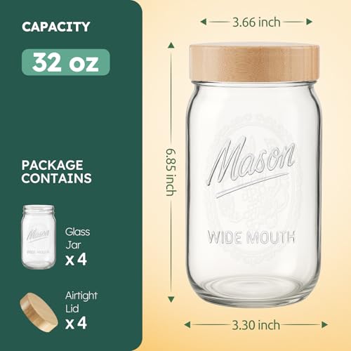4 Pack 32 oz Glass Jars, Wide Mouth Mason Jars with Bamboo Airtight Lids for Food Storage, Snacks, Meal Prep & Lunch Leakproof - color: 4 Pack - Wood