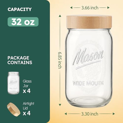 4 Pack 32 oz Glass Jars, Wide Mouth Mason Jars with Bamboo Airtight Lids for Food Storage, Snacks, Meal Prep & Lunch Leakproof - color: 4 Pack - Wood