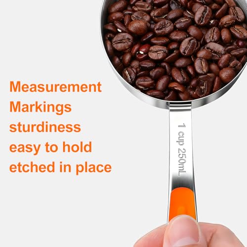 Bopei Measuring Cups and Spoons Set Stainless Steel 10 Piece for Cooking and Baking (5 Cups + 5 Spoons, Orange Handle) - color: Orange
