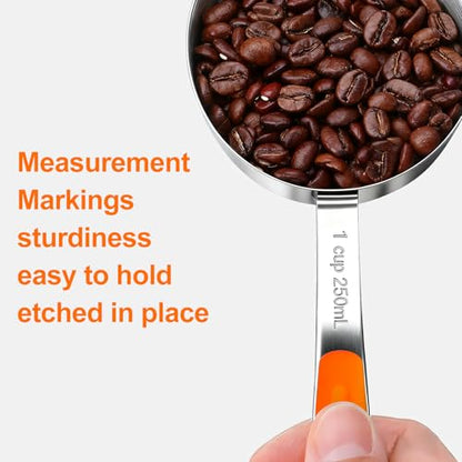 Bopei Measuring Cups and Spoons Set Stainless Steel 10 Piece for Cooking and Baking (5 Cups + 5 Spoons, Orange Handle) - color: Orange
