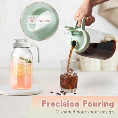 Mason Jar with Pour Spout Lid V-shaped, 2 Quart Iced Tea Pitcher Double Leak Proof, 64 oz Drink Pitcher for Breastmilk, Sun Tea, Juice, Coffee Creamer - color: Pink, size: 64 Ounces