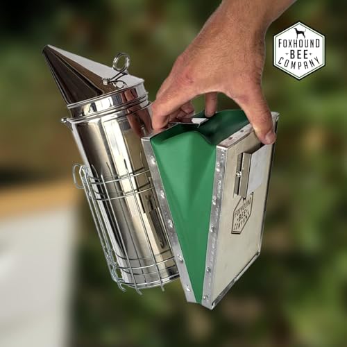 Foxhound Bee Co Stainless Steel 12.5-inch Pro Smoker for Beekeeping with Heat Chamber, Burn Shield, Green Bellow and Heavy Duty Features for Producing Smoke when Working Bee Hives (Large)