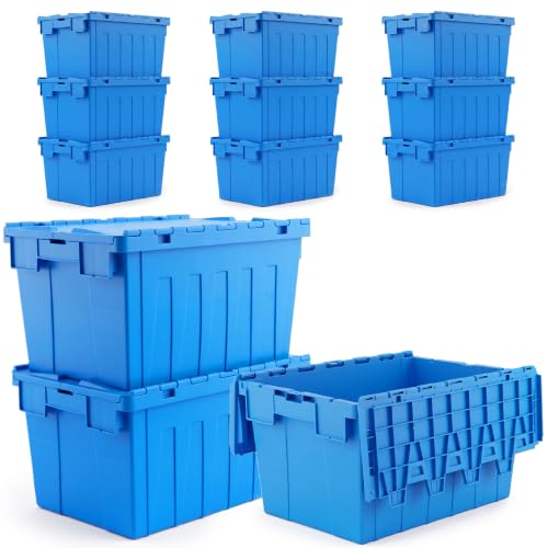 Storage Totes with Hinged Lids, 16 Gallon 12-Pack – Heavy-Duty Stackable & Nesting Bins with Attached Lid – Lockable 24x16x13 in Plastic Containers for Moving, Garage & Warehouse, Blue - color: 12 Pack