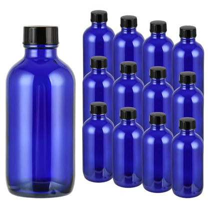 Small Glass Bottles with Lids Boston Round Shot Bottles for Health, Immunity, Ginger Juice, Essential Oils, Potion - Leak Proof Mini Travel Containers (Blue UV, 4oz-12Pack) - color: Blue UV, size: 4oz-12Pack