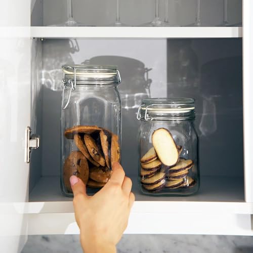 Bormioli Rocco Fido Squared Wide Mouth Glass Jar with Airtight Gasket Clamp Lid for Canning and Food Storage, Clear Top, 50.75 oz.