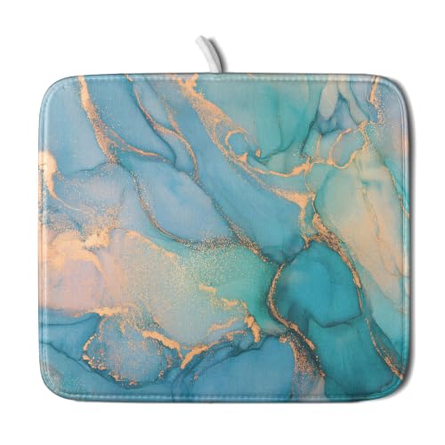 Marble Dish Drying Mat for Kitchen Counter Blue Teal Turquoise Gold Drying Mat 16 x 18 Inch Microfiber Dish Drying Pad Dish Rack Pad Drainer Mat for Coffee Bar - color: teal marble, size: 16" x 18"
