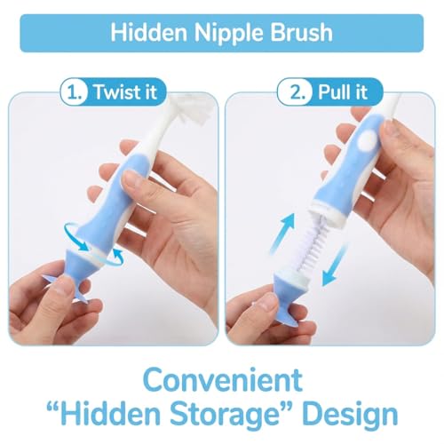 Ariseno 4-in-1 Baby Bottle Brush Set, Bottle Brush for Baby, Bottle Cleaner Brush Set, Including Nylon Bottle Brush, Bottle Cap Brush, Straw Brush, Nipple Brush, BPA-Free (Blue) - color: Blue-nylon