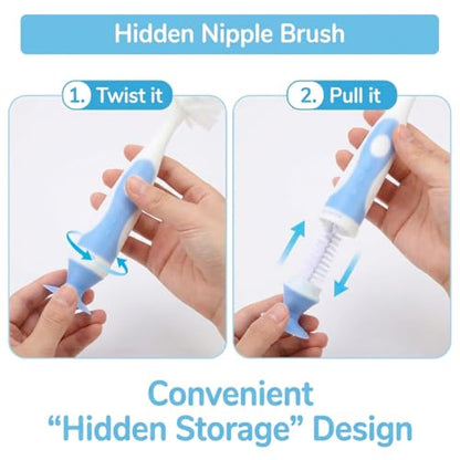 Ariseno 4-in-1 Baby Bottle Brush Set, Bottle Brush for Baby, Bottle Cleaner Brush Set, Including Nylon Bottle Brush, Bottle Cap Brush, Straw Brush, Nipple Brush, BPA-Free (Blue) - color: Blue-nylon