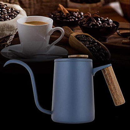 Fdit Gooseneck Coffee Kettle, Precision Pour Stovetop Drip Pot for Pour Over Tea 304 Stainless Steel Blue Wooden Handle Thermometer Lid Vent 600ml 1 Pack