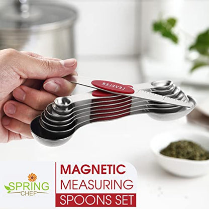 Spring Chef Red Stainless Steel Magnetic Measuring Spoons Set of 8 with Leveler, Dual Sided Nesting Teaspoon & Tablespoon Measuring Spoons, Kitchen Gadgets for Baking & Cooking, Fits in Spice Jars - color: Red, size: 1-Pack