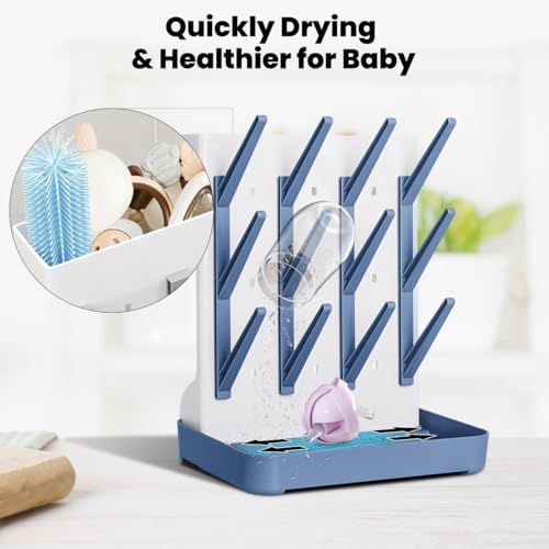 Baby Bottle Drying Rack: Vertical Space Saving Large Bottles Holder - Standing Boon Dryer Rack Baby Accessory - Countertop Holds Up to 12 Bottles & Pump Part Cleaning & Cup (Blue) (Blue) - color: Blue