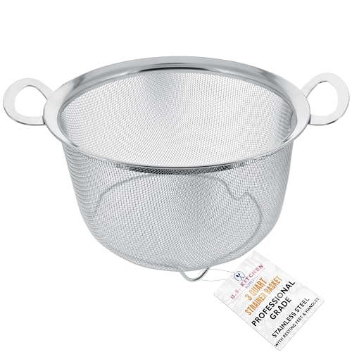 U.S. Kitchen Supply Stainless Steel Colander Strainer Basket - 3-Quart Colander with Resting Feet & Handles - Wide Rim Sieve, Stainless Steel Strainers and Colanders for Kitchen