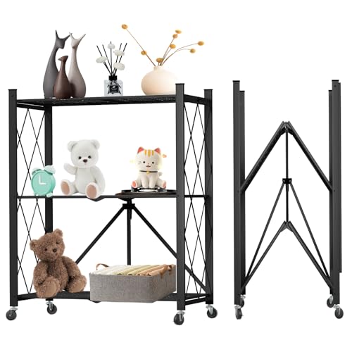 3 Tier Foldable Storage Shelf with Wheels, Heavy Duty Garage Shelving Unit Loads 550 LBS, Metal Steel Collapsible Shelves, Rolling Standing Utility Rack for Kitchen, Pantry, Office, Black - color: Black, size: 3 Tier
