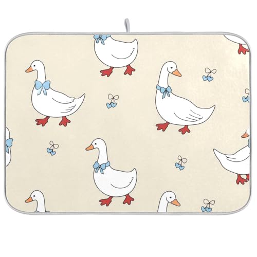 Goose Blue Hearts and A Bow Dish Drying Mat for Kitchen Counter 16x18 inch Super Absorbent Drying Mat Large Dish Drying Mats for Kitchen Countertop Protector Dishes Pad - color: Goose Blue Hearts and A Bow, size: 16" x 18"
