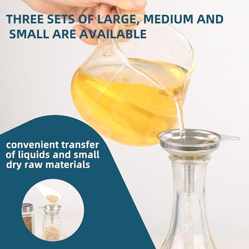 Stainless Steel Kitchen Funnel, Large, Medium and Small Three-piece Set with Cleaning Brush, Mini Metal Kitchen Funnel, for Transferring Liquids and Small Solids, Spices, Essential Oils, Fluid Foods