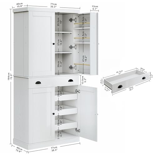 IRONCK 72" Kitchen Pantry Cabinet with Drawer and Sliding Racks, White | White wood pantry cabinet. 6 door shelves. 3 sliding racks. For kitchen, dining room, or hallway. - color: White