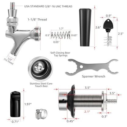 3" Shank Stainless Steel Core Beer Faucet 1/4" Barb Draft Beer Faucet Beer Shank Chrome Plated Tap for Homebrew Kegerator Parts with Spanner Wrench Hose Clamp Tap Brush - size: 3" Shank