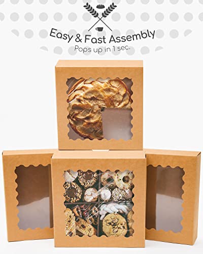 qiqee Auto-pop up Brown Pie Boxes with Window 10x10x2.5 inch 30Packs Cookie Donut Bakery Box - color: Brown, size: 10"x10"x2.5"/30 Pcs