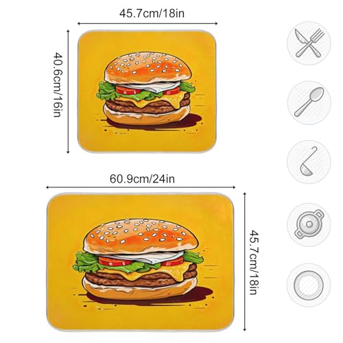 Hamburger with Cheese Dish Drying Mat for Kitchen Counter, Non Slip & Super Absorbent Dish Drainer Rack Pad for Countertops, 18 x 24 Inch - size: 18x24in